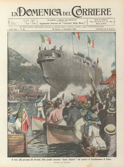 The launch, in the presence of the Sovereigns, of the great battleship Dante Alighieri from the Castellammare di Stabia shipyard by Achille Beltrame