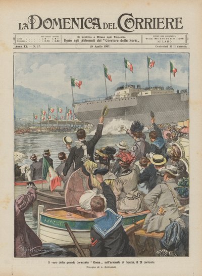 The Launch of the Great Battleship Roma at the Spezia Arsenal on the 21st by Achille Beltrame