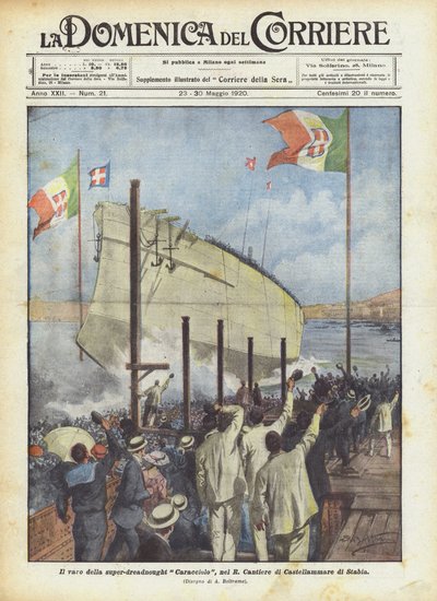 The Launch of the Super-Dreadnought Caracciolo at the Royal Shipyard of Castellammare di Stabia by Achille Beltrame