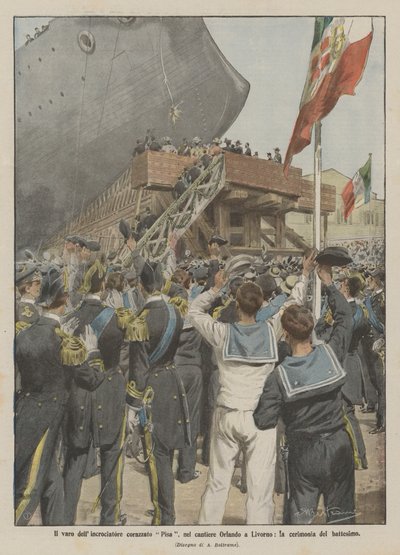 The Launch of the Armored Cruiser Pisa at the Orlando Shipyard in Livorno, the Baptism Ceremony by Achille Beltrame