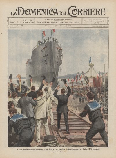 The Launch of the Armored Cruiser San Marco from the Castellammare di Stabia Shipyard on the 20th by Achille Beltrame