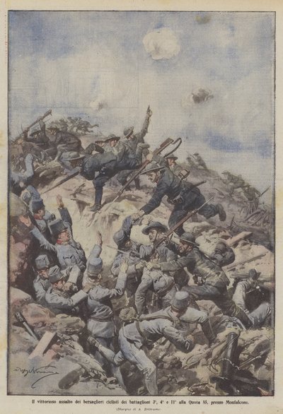 The victorious assault of the cyclist bersaglieri of the 3rd, 4th, and 11th battalions on Quota 85, near Monfalcone by Achille Beltrame