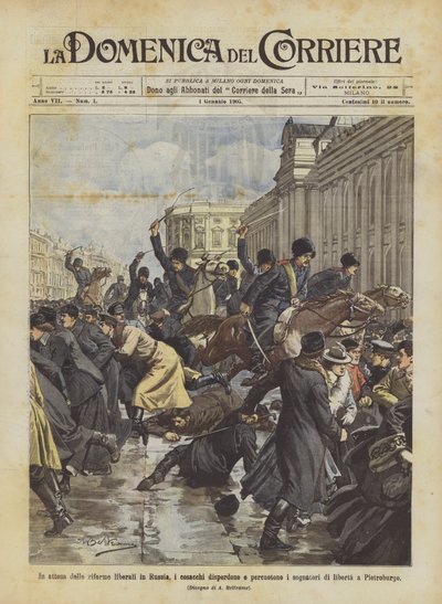 Awaiting liberal reforms in Russia, Cossacks disperse and beat freedom dreamers in St. Petersburg by Achille Beltrame