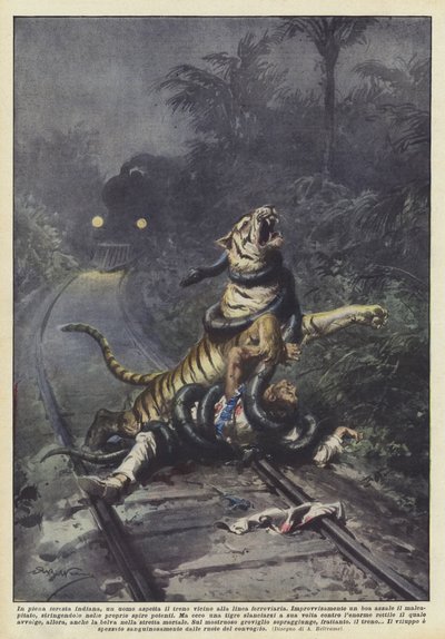 In the middle of the Indian forest, a man waits for the train near the railway line by Achille Beltrame