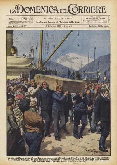 On a sunny morning, the rough coffin with the glorious remains of Andree and Strindberg by Achille Beltrame