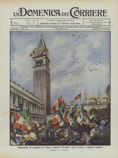 Inauguration of the Bell Tower of St. Mark in Venice on April 25, Flight of Doves and Waving Flags by Achille Beltrame