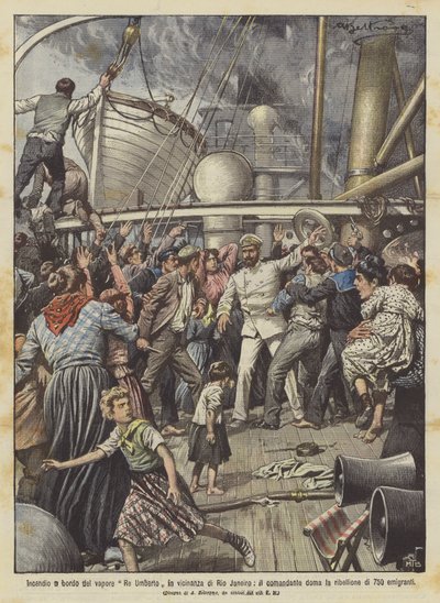 Fire on Board the Steamer Re Umberto Near Rio de Janeiro, the Commander Tames ? by Achille Beltrame