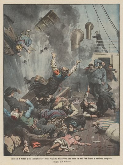 Fire on board a transatlantic liner in the English Channel, hatch explodes among emigrant women and children by Achille Beltrame