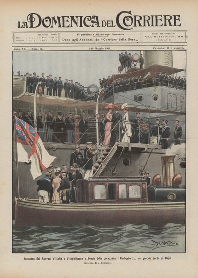 Meeting of the Sovereigns of Italy and England aboard the battleship Umberto I in the small port of Baja by Achille Beltrame