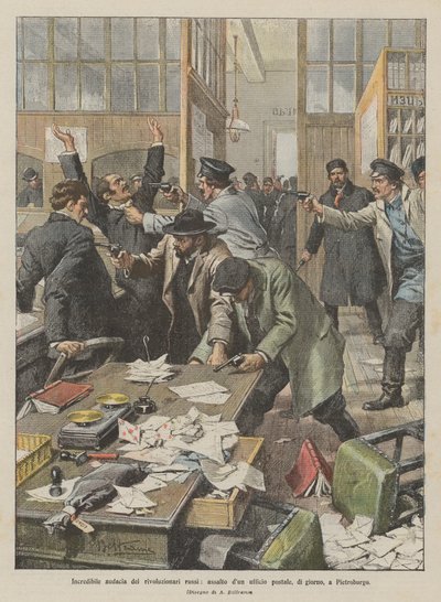Incredible Audacity of Russian Revolutionaries, Assault on a Post Office in Broad Daylight in St. Petersburg by Achille Beltrame