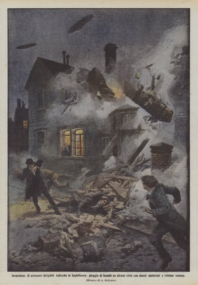Incursion of German airships in England, rain of bombs on some cities by Achille Beltrame