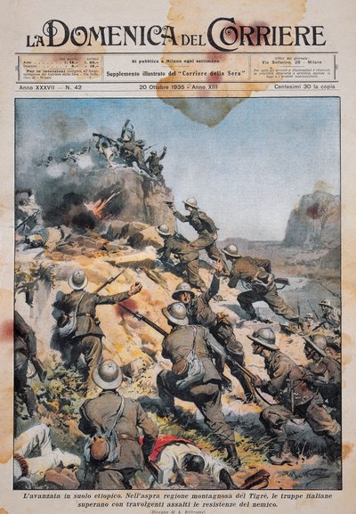 Italian troops advancing on Ethiopian soil, illustration from La Domenica del Corriere, October 20 by Achille Beltrame
