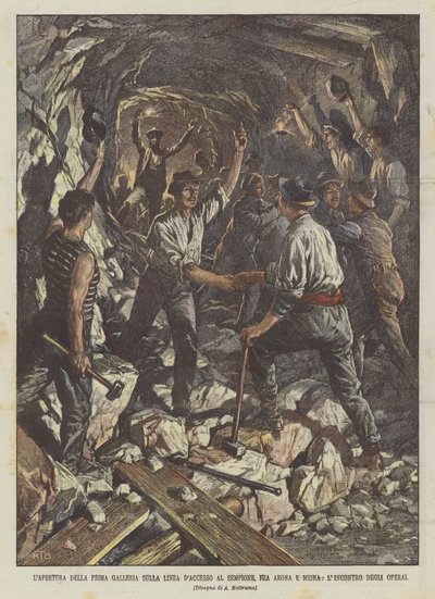 The Opening of the First Gallery on the Access Line to Sempione, Between Arona and Meina, The Meeting of the Workers by Achille Beltrame