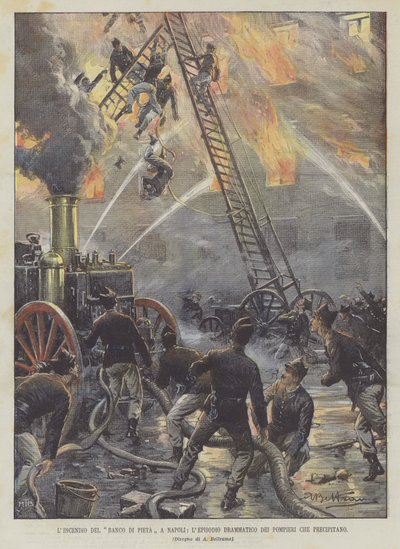 The Fire of the Banco di Pietà in Naples, The Dramatic Episode of the Firefighters Falling by Achille Beltrame