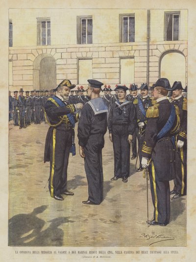 The Awarding of the Medal of Valor to Two Sailors Returning from China, in the Royal Barracks at La Spezia by Achille Beltrame