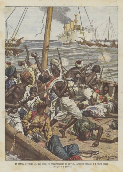 The Hunt for Pirates in the Red Sea, The Battle of Midy Between Italian Sambuks and the Pirates Themselves by Achille Beltrame
