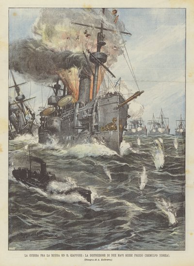 The War Between Russia and Japan, The Destruction of Two Russian Ships Near Chemulpo (Korea) by Achille Beltrame