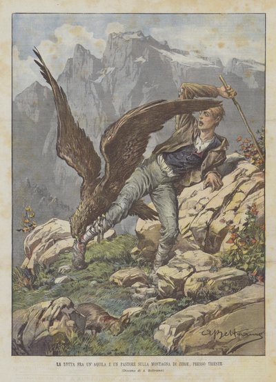 The Struggle Between an Eagle and a Shepherd on the Zerie Mountain, Near Trieste by Achille Beltrame