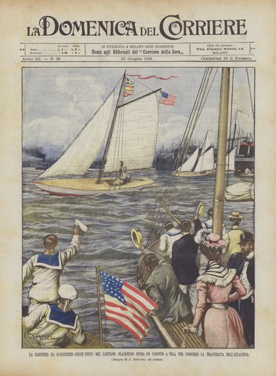 The Departure from Gloucester (United States) of Captain Blackburn on a Sailing Canoe by Achille Beltrame