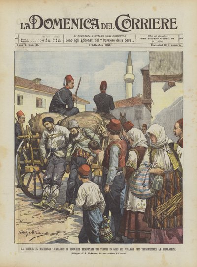 The Revolt in Macedonia, Bodies of Rebels Dragged by the Turks Through Villages by Achille Beltrame