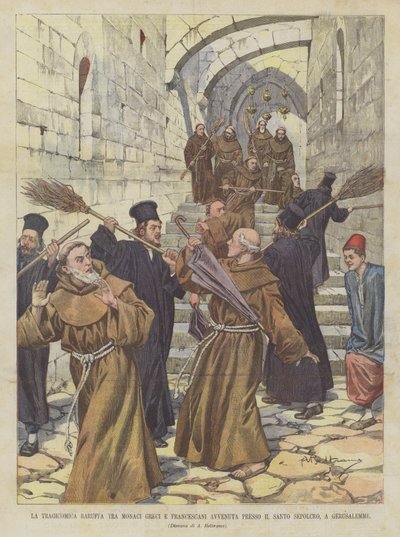 The Tragicomic Brawl Between Greek Monks and Franciscans Near the Holy Sepulchre in Jerusalem by Achille Beltrame