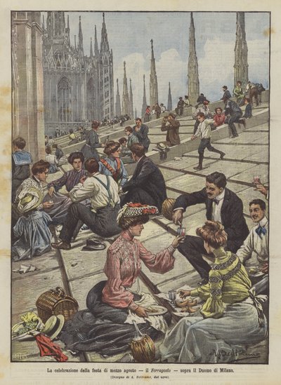 The Celebration of the Mid-August Festival, Ferragosto, Above the Cathedral of Milan by Achille Beltrame
