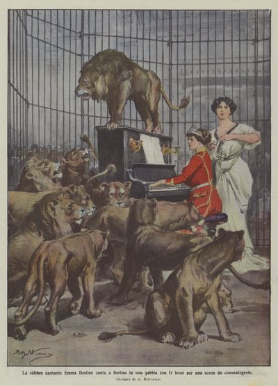 The Famous Singer Emma Destinn Sings in Berlin in a Cage with 14 Lions for a Cinematographic Scene by Achille Beltrame