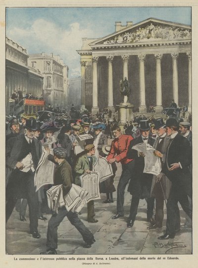 The emotion and public interest in the Stock Exchange square, in London, the day after the death of King Edward by Achille Beltrame