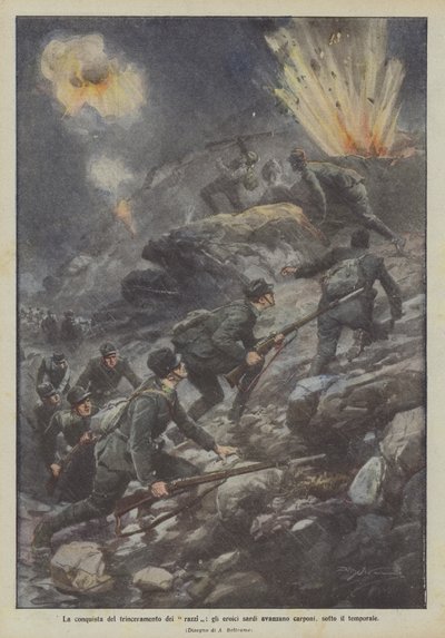 The Conquest of the Trench of Rockets, the Heroic Sardinians Advance Crawling, Under the Storm by Achille Beltrame