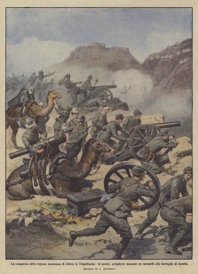 The conquest of the mountainous region of Jefren in Tripolitania, our artillery mounted by Achille Beltrame