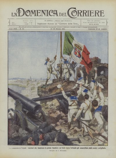 The Conquest of Tripoli, Sailors Raising the First Flag on the Turkish Fort Sultanie Already by Achille Beltrame