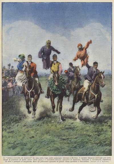 The horse race with dummies is quite popular in the countryside around Berlin by Achille Beltrame