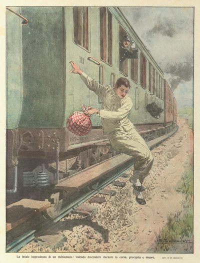 The Fatal Recklessness of a Recalled Soldier, Falls and Dies While Trying to Get Off During the Run by Achille Beltrame