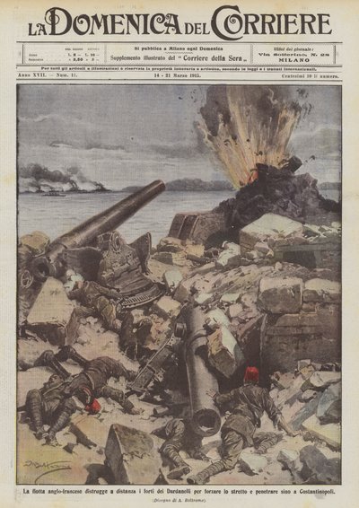 The Anglo-French fleet destroys the forts of the Dardanelles from a distance to force the strait by Achille Beltrame