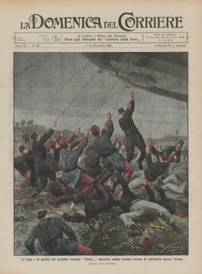 The Escape and Loss of the French Airship Patrie, Two Hundred Soldiers Trying in Vain to Hold It Near Verdun by Achille Beltrame
