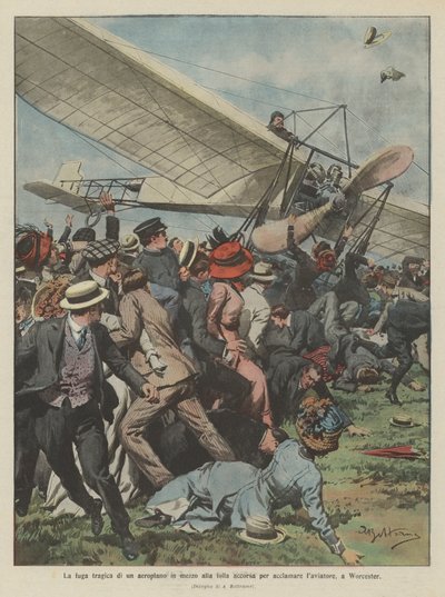 The tragic escape of an airplane into the crowd gathered to acclaim the aviator, in Worcester by Achille Beltrame