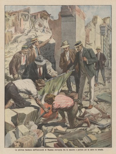 The glorious flag of the University of Messina found among the rubble and then triumphantly saved by Achille Beltrame