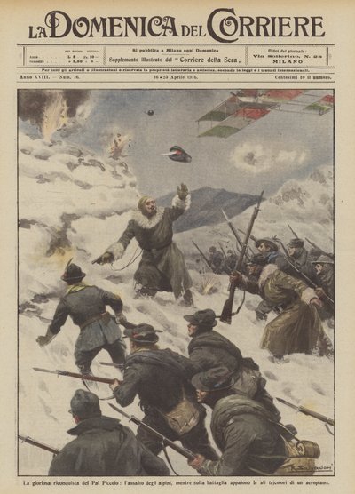 The glorious reconquest of Pal Piccolo, the assault of the alpini, while in the battle appear... by Achille Beltrame