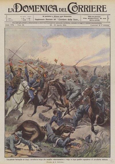 The Great Battle of Liege, Belgian Cavalry Valiantly Assaults and Puts to Flight Four by Achille Beltrame