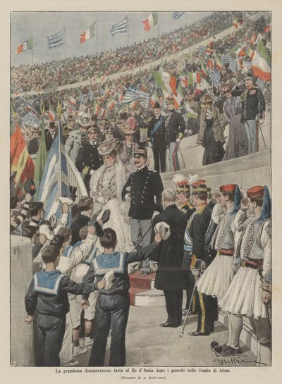 The Grand Demonstration Made to the King of Italy After the Games in the Stadium of Athens by Achille Beltrame