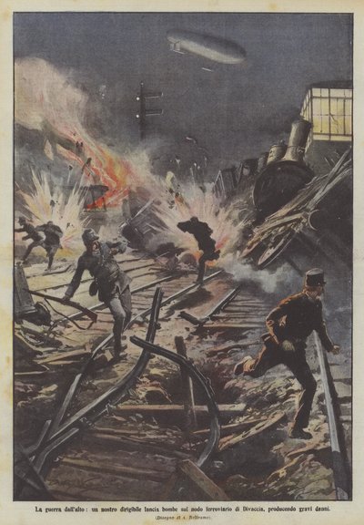 War from above, our airship drops bombs on the railway junction of Divaccia, causing severe damage by Achille Beltrame