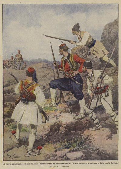 The war of the five peoples in the Balkans, the representatives in their characteristic costumes by Achille Beltrame