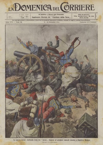 The Fierce War, Furious Battle Between French Turcos and German Artillerymen Around Charleroi (Belgium) by Achille Beltrame