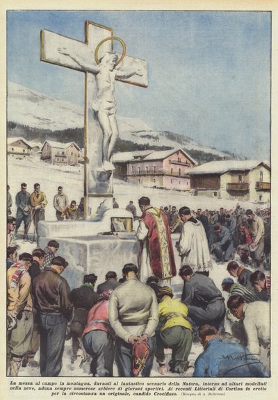 The Field Mass in the Mountains, in Front of the Fantastic Scenery of Nature, Around Altars by Achille Beltrame