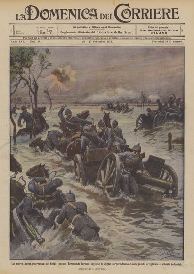 The New Belgian War Weapon, Dikes Cut Near Termonde Surprising by Achille Beltrame