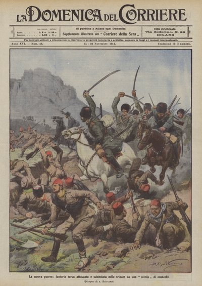 The New War, Turkish Infantry Attacked and Slashed in the Trenches by a Cossack Sotnia by Achille Beltrame