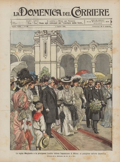 Queen Margherita and Princess Laetitia visit the Milan Exhibition, at the decorative art pavilion by Achille Beltrame