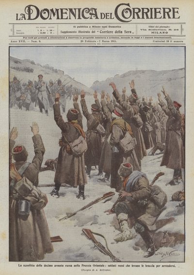 The defeat of the tenth Russian army in East Prussia, Russian soldiers raising their arms to surrender by Achille Beltrame