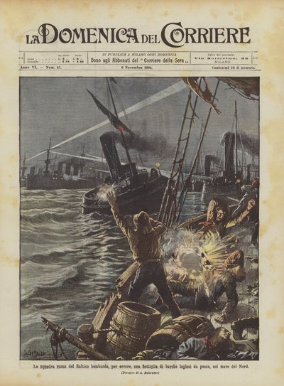 The Russian Baltic Fleet Bombards, by Mistake, a Flotilla of English Fishing Boats in the North Sea by Achille Beltrame
