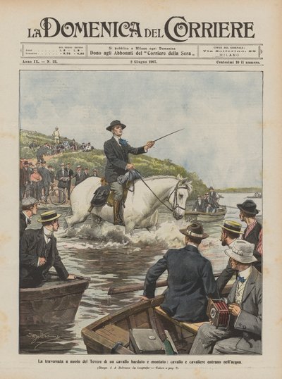 The Swimming Crossing of the Tiber by a Saddled and Mounted Horse, Horse and Rider Enter the Water by Achille Beltrame
